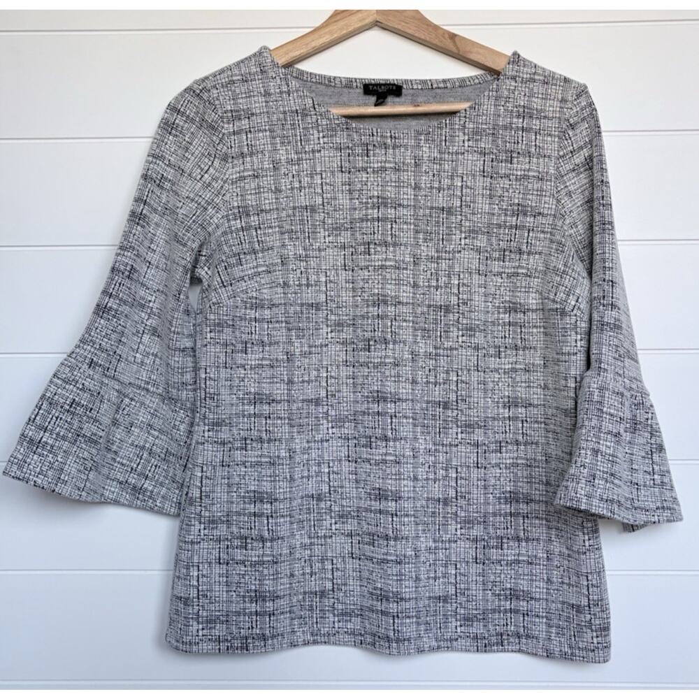 Talbots Petite M Textured Knit Top 3/4 Bell Sleeves Black White Gray Career